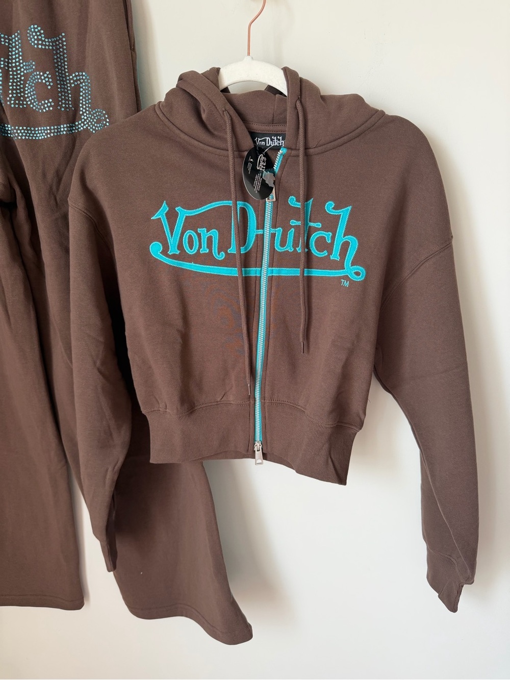 Von Dutch Brown teal rhinestone Hoodie and wide leg sweatpants set - Picture 5 of 10
